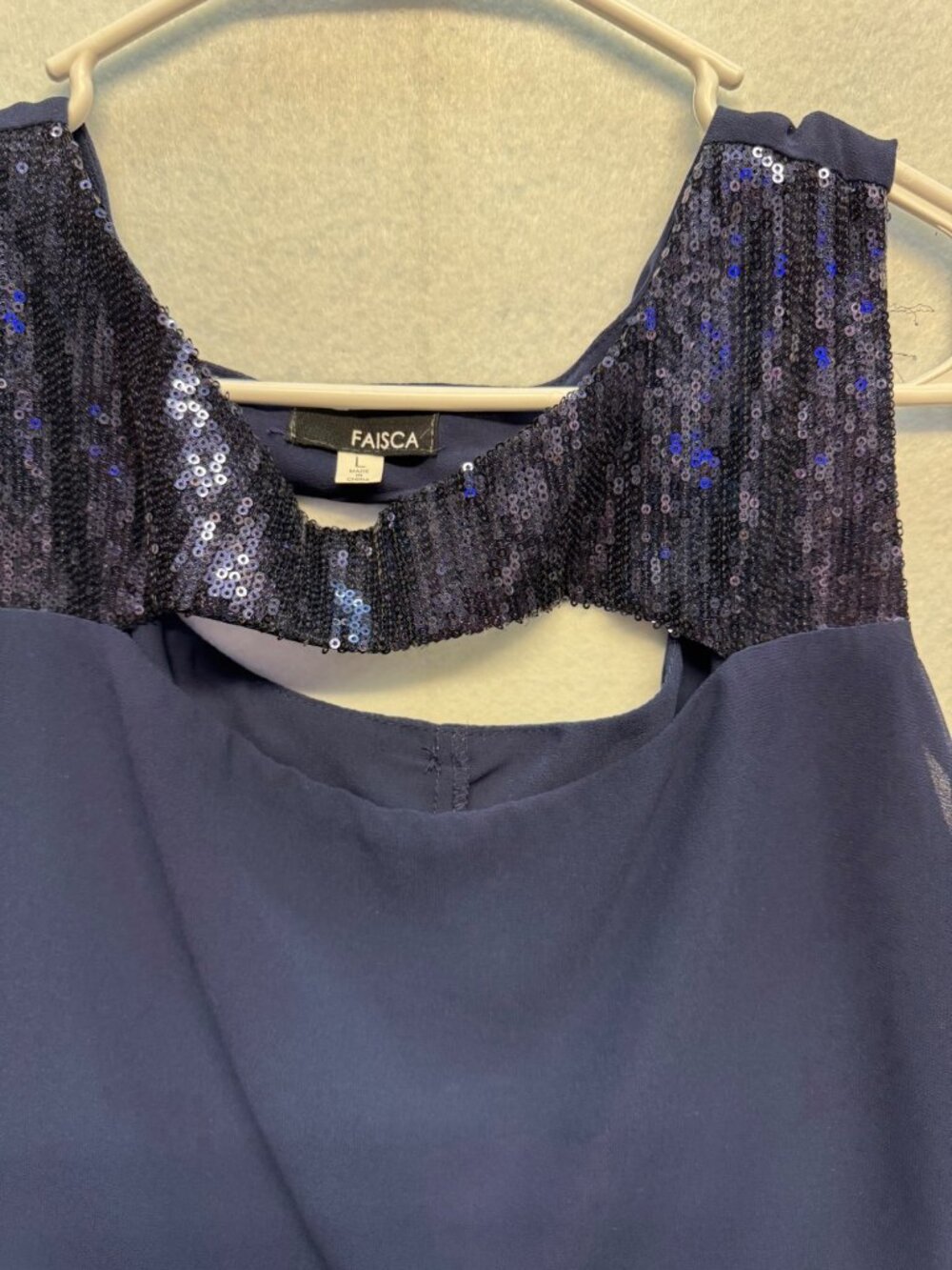 Navy Blue Sleeveless Sequin Accent Layered Chiffon Blouse Top By Faisca L - Picture 2 of 8